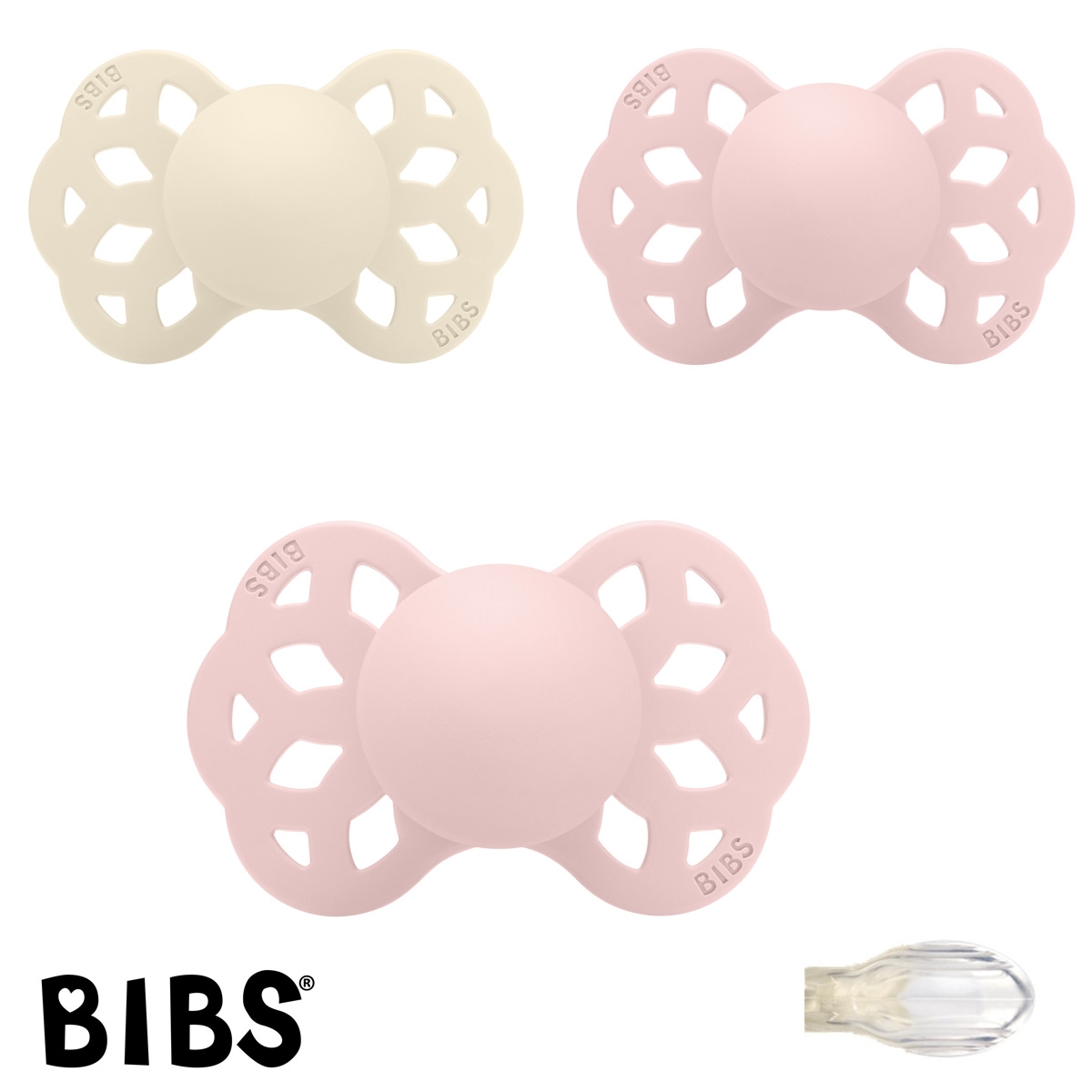 BIBS Infinity Sutter med navn str2, 1 Ivory, 2 Blossom, Symmetrisk Silikone, Pakke med 3 sutter